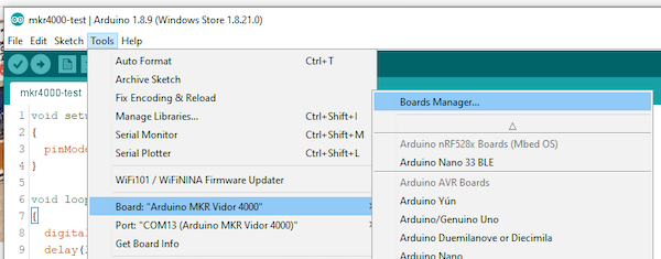 select board manager in Arduino IDE