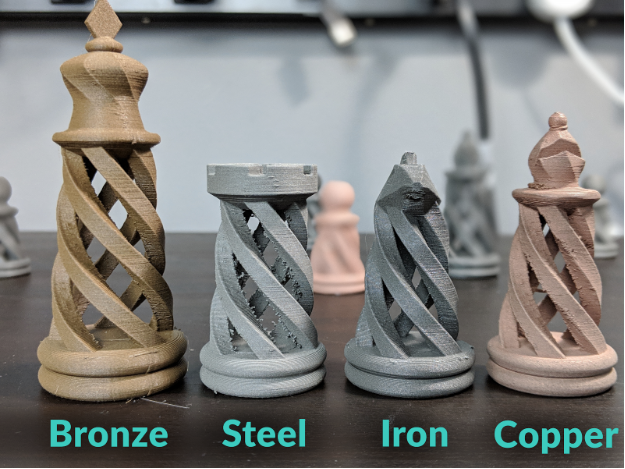 Different variations of prints using metal-composite filaments