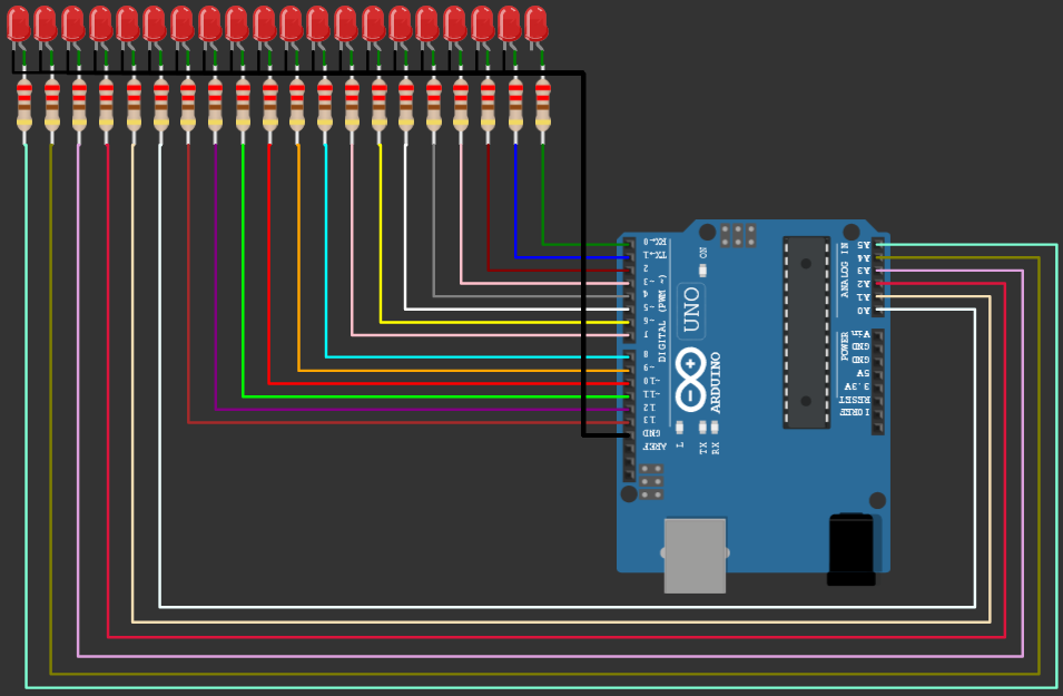LED chaser project 20 LEDs on Wokwi Arduino Simulator