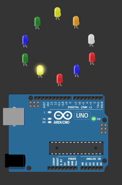 Arduino Simulator - LED chaser using Arduino UNO and different colour LEDs