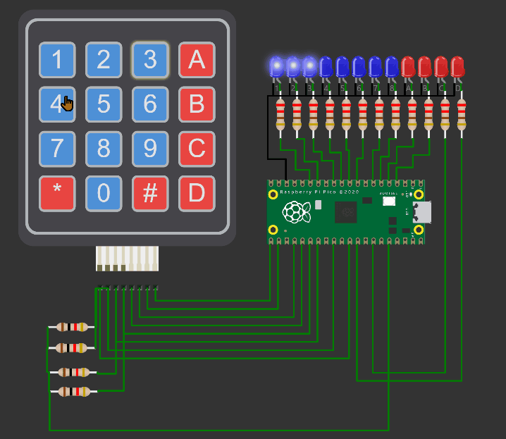 wokwi Pi Pico simulator LEDs Keypad interface.gif