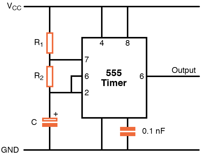 a typical 555 IC circuit in astable mode