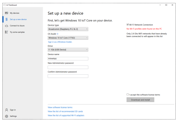 Setting up Windows 10 IoT on your device