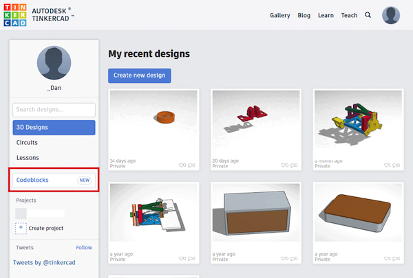 codeblocks button on tinkercad user dashboard