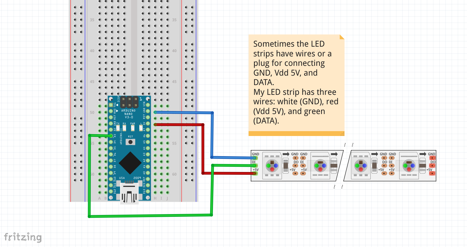 Schematic for connecting a WS2812B LED strip to an Arduino.
