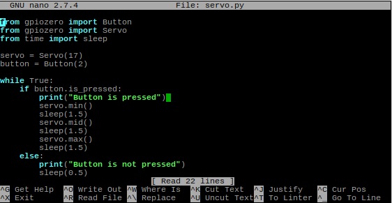 Entering the servo.py Python code using the lx terminal.