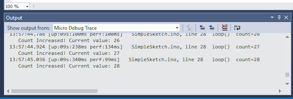 output panel displaying debug messages