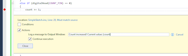 add variables to breakpoints with commands in curly brackets