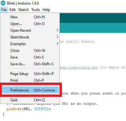 select preferences in Arduino IDE