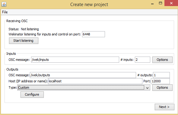 create new project window in Wekinator