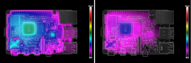 Thermal imaging of the Pi 4 idling at launch (left) and after the latest firmware update (right).