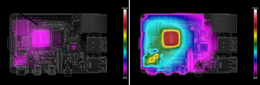 Thermal imaging of the Pi 4 running the beta firmware at idle (left) and load (right).
