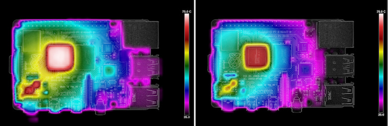 Thermal imaging of the Pi 4 loading at launch (left) and after the latest firmware update (right).