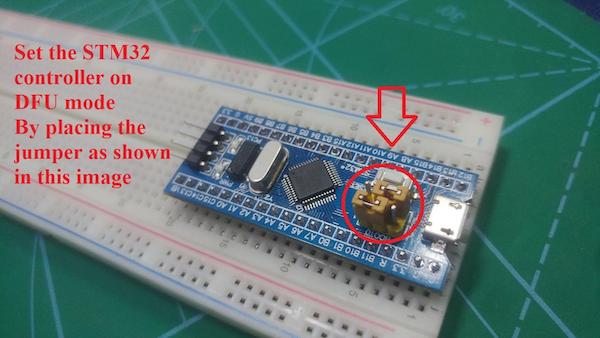 set the stm32 controller to DFU mode by placing the jumper as shown